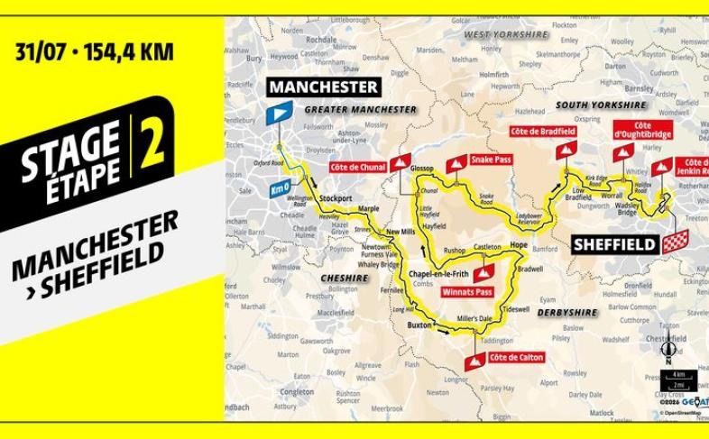 Tour De France Femmes  route map from Mancjester to Sheffield